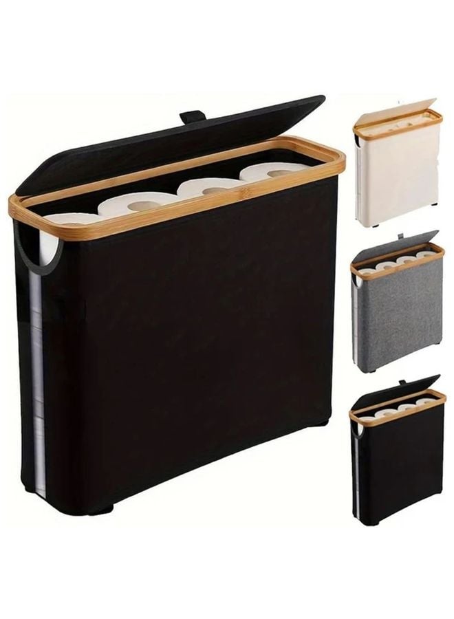 حامل ورق التواليت من الخيزران الأسود بغطاء، منظف الحمام ثنائي الحجرة - Image 1